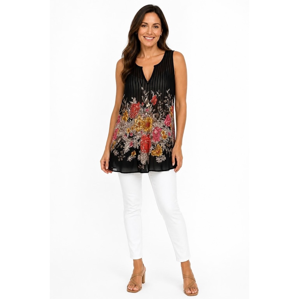 Joie Floral Silk Blouse Medium Sheer Black Sleeveless Boho Top